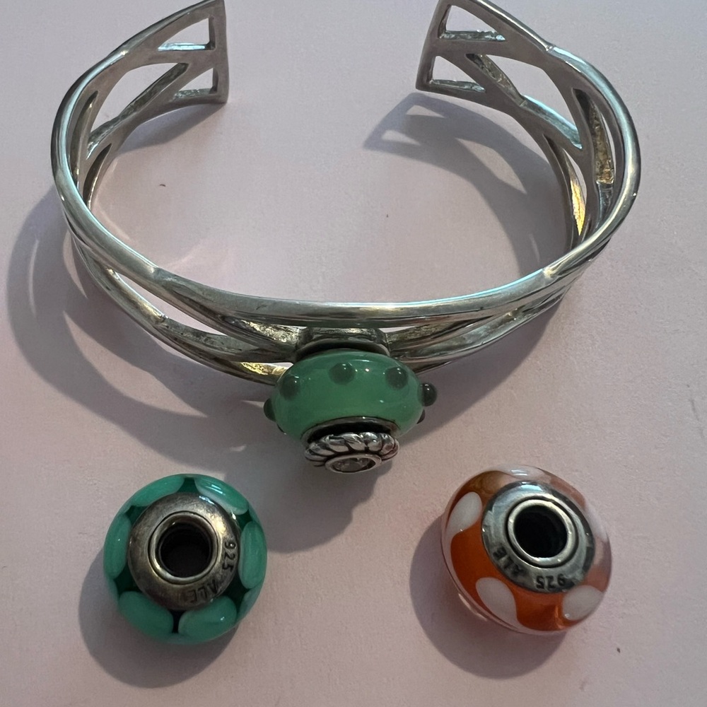 925 Stamped Cuff With 3 Interchangeable Pandora Beads